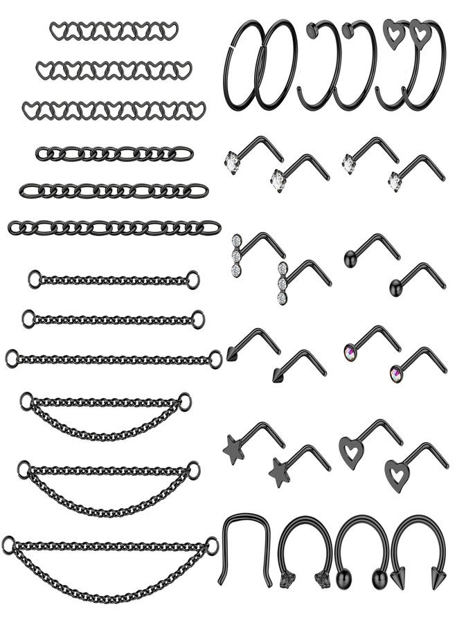 LOREMOW 38Pcs 316L Stainless Steel Nose Chain for Women Men Heart Nose Ring Chain Double Nose Chain Piercing Across Nose CZ Nose Piercing Stud Nostril Jewelry Black L - Image 1